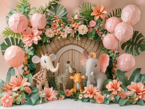 A group of stuffed animals are arranged in a room with pink walls and pink balloons. The animals include giraffes, elephants, and zebras. The scene is set up for a baby shower or a children's party