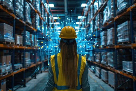 Female Warehouse Worker in Yellow Vest and Safety Helmet Navigating High Tech Warehouse Concept Tech Driven Inventory Management.