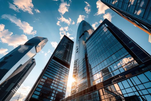 A city skyline with tall buildings, including a large glass building.