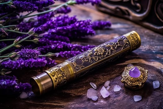 Two small bottles of lavender perfume are on a wooden table next to purple flowers, evoking a calming and aromatic atmosphere.