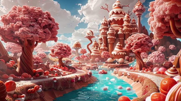 Artistic Illustration of Whimsical Chocolate Factory with Chocolate Rivers and Candy Trees Concept Playful Chocolate Day Banner Evoking Nostalgia and Wonder.