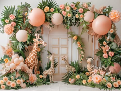 A group of stuffed animals are arranged in a room with pink walls and pink balloons. The animals include giraffes, elephants, and zebras. The scene is set up for a baby shower or a children's party