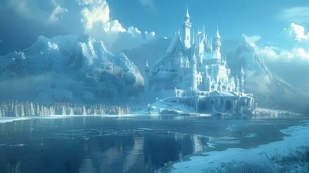 A castle is shown in the distance with a frozen lake in front of it. The castle is surrounded by snow and ice, giving it a cold and desolate appearance