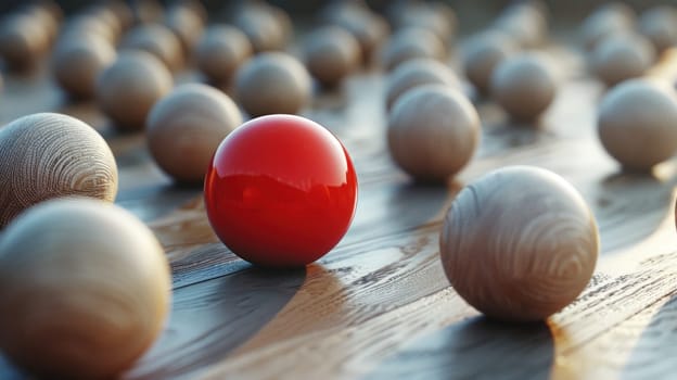 Leadership and Guidance Concept with Wooden Spheres Moving Towards Red Sphere 3D Rendering Concept Direction and Influence.