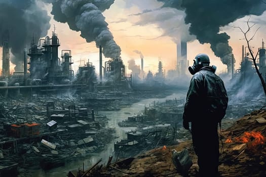 A man in a gas mask stands in front of a city that is covered in smoke and ash. The sky is dark and the city is in ruins. Scene is bleak and desolate