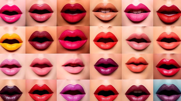 A row of lips with different shades of pink lipstick. The lips are arranged in a grid pattern, with each row and column featuring a different shade of pink. Concept of variety and diversity