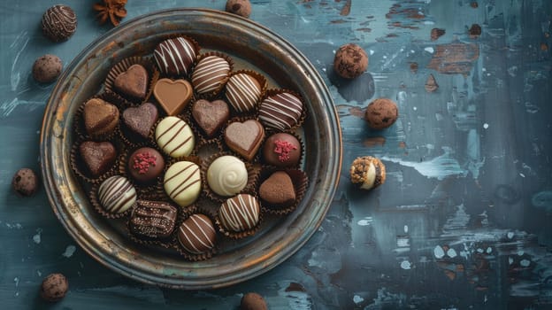 A heart shaped tray of assorted chocolates and raspberries indulgence for a Chocolate Day banner.