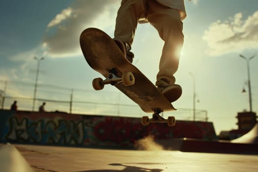 A close-up of a skateboarder's feet executing a trick..