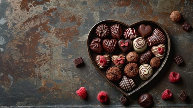 A heart shaped tray of assorted chocolates and raspberries indulgence for a Chocolate Day banner.