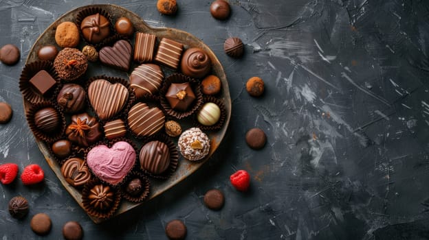 A heart shaped tray of assorted chocolates and raspberries indulgence for a Chocolate Day banner.