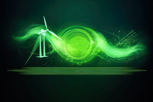 A wind turbine depicted in green and blue hues, surrounded by a swirling green aura, symbolizing renewable energy and sustainability.