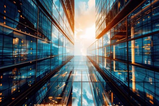 A city skyline with tall buildings, including a large glass building.