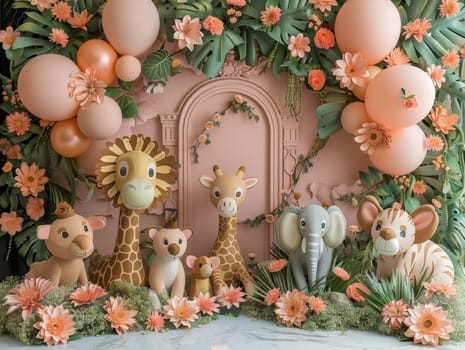 A group of stuffed animals are arranged in a room with pink walls and pink balloons. The animals include giraffes, elephants, and zebras. The scene is set up for a baby shower or a children's party