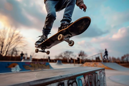 A close-up of a skateboarder's feet executing a trick..