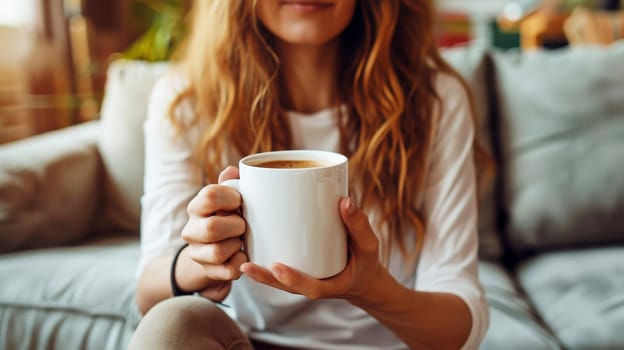 a relax woman hold white cup of coffee for mock up ..