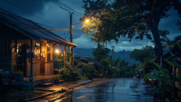 A small house with a porch is lit up at night. The street is wet and the trees are lit up