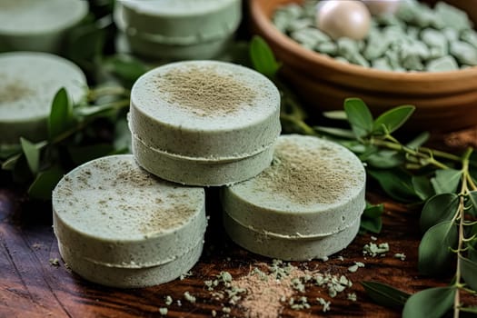 A stack of green bath bombs with a cross on them. The bath bombs are piled on top of each other on a wooden table