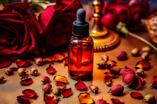 A bottle of perfume with tea rose extract rests on a table adorned with a bunch of strawberries and leaves, evoking a fresh and floral fragrance.