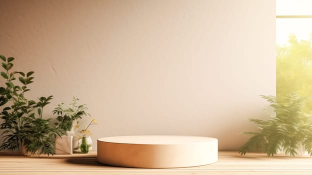 A round wooden platform with a tree in the background. The platform is in a room with a pink wall