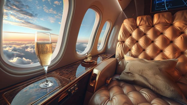 A luxurious airplane with two leather seats and a champagne glass. Private seat on private jet.