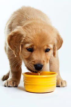 pet dog eating food from bowl dish isolated on background. ai generated.