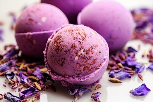 Indulge in a relaxing bath with our lavender bath bomb, infused with essential oils and topped with fragrant lavender flowers for a spa-like experience.