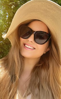 Beauty, summer holiday and fashion, face portrait of happy woman wearing hat and sunglasses, for skincare cosmetics, sunscreen spf lifestyle look idea