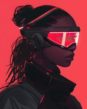 An illustration of a woman wearing magenta headphones and goggles. She is dressed in sports gear and personal protective equipment, resembling a fictional character