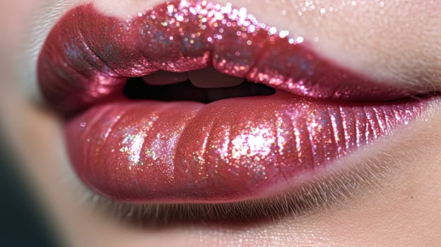 A close up of a woman's mouth with glittery pink lipstick. Concept of glamour and beauty, as the glittery pink lipstick adds a touch of sparkle and sophistication to the woman's appearance