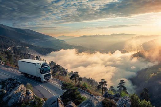 A truck arriving in mountain rural landscape in the rays of the sunset. Logistic concept.