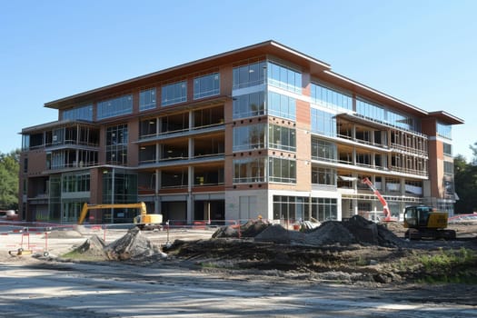 A large building is under construction with a yellow excavator in front of it. The building is a tall, modern structure with many windows