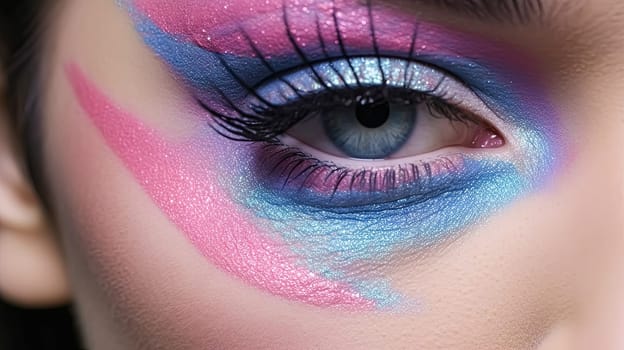 A woman's eye is painted with a colorful feather pattern. The colors are blue, orange, and yellow. The eye is the main focus of the image, and the colors and pattern create a vibrant