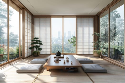 Empty living room decorate with Japanese style. interior design.