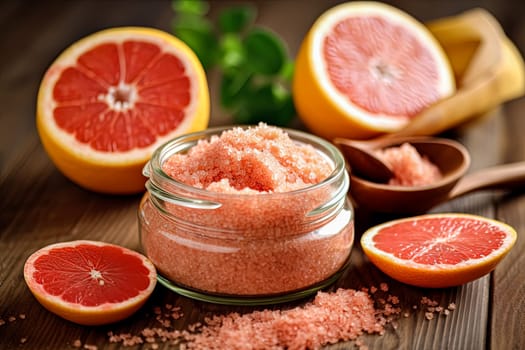 A glass jar with grapefruit salt scrub for the body, a concept of body care cosmetics. Sliced grapefruit rounds are placed around it.