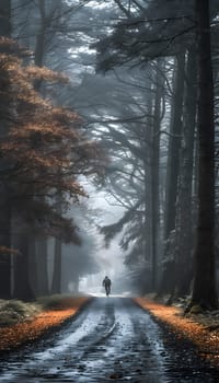 A lone figure strolls down a muddy path in the natural landscape of a wooded area. Sunlight filters through the trees, casting shadows on the thick trunks and lush vegetation lining the road