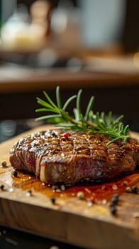 A delicious piece of beef steak is placed on a wooden cutting board, garnished with fresh rosemary. This ingredient is perfect for roasting or grilling to create a savory carne asada recipe