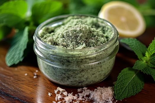 A jar of sugar scrub with peppermint sits on the table surrounded by herbs and mint, representing natural body care.