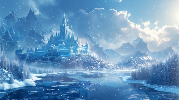 A castle is shown in the distance with a frozen lake in front of it. The castle is surrounded by snow and ice, giving it a cold and desolate appearance