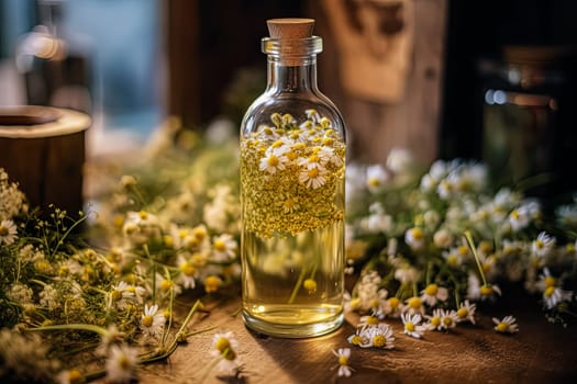 A bottle of essential oil is on a table next to a bunch of yellow flowers. The bottle is made of glass and has a cork stopper