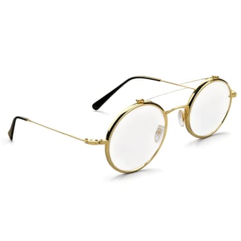 Round glasses with gold tone metal frames and photochromic lenses adapting to changing light conditions. Product isolated on transparent background