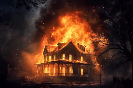 A house is on fire in a desolate area. The fire is so intense that it is almost impossible to see the house. Scene is one of destruction and despair