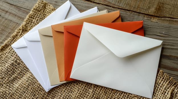 A stack of colorful envelopes on a wooden table. The envelopes are arranged in a rainbow pattern, with each envelope a different color. Concept of joy and celebration