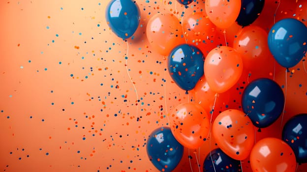 Vibrant blue and orange balloons and confetti float on a colorful background, resembling a lively underwater scene with liquidlike textures