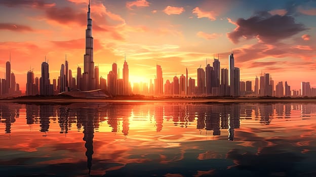 A city skyline is reflected in the water at sunset. The sun is setting behind the buildings, casting a warm glow over the scene. The water is calm and still, creating a peaceful atmosphere