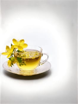 Linden flower tea glass cup and saucer small yellow blossoms nervine relaxant. Drink isolated on transparent background.