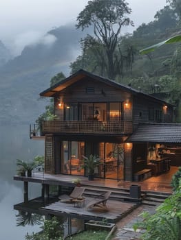 A cabin is situated on a lake with a rainbow in the sky. The cabin is surrounded by trees and the water is calm. The scene is peaceful and serene