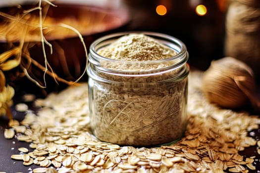 A jar of oatmeal is on a table with a spoon and a pile of oatmeal. The jar is half full and the oatmeal is scattered around it