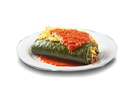 Chile Relleno Burrito with stuffed poblano peppers and tomato sauce served on a transparent glass. Food isolated on transparent background.