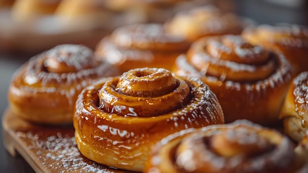 A delicious dish of cinnamon rolls, a staple food in many cuisines, covered in powdered sugar, presented on a wooden cutting board