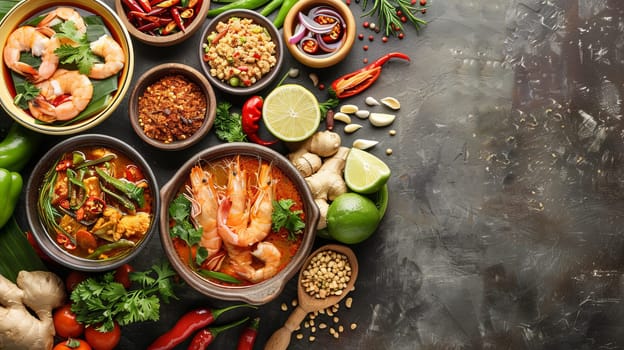 A variety of Asian dishes are displayed on a counter, including shrimp soup, shrimp stir fry, and a bowl of shrimp and lime. The dishes are arranged in a way that showcases the different flavors